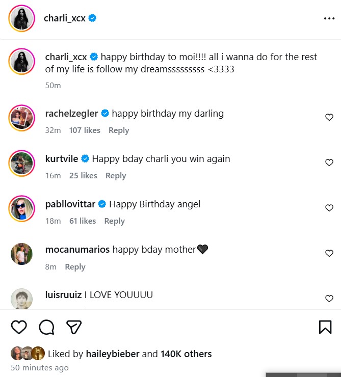Charli XCX Celebrates Her 33rd Birthday Picture Rachel comment on her instagram