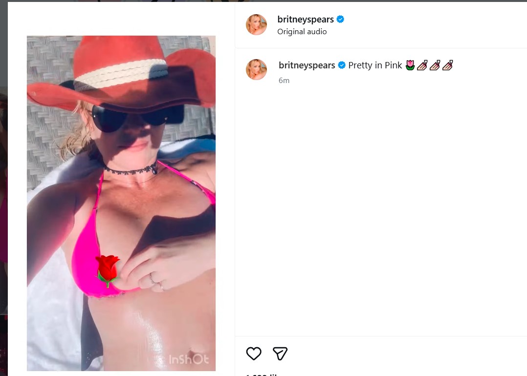 Britney Spears relaxes poolside in a bright pink bikini while covering one nipple with a rose emoji in a new Instagram video.