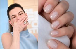 Anne Hathaway showcases short, glossy coconut water nails with a sheer creamy finish and subtle shine.