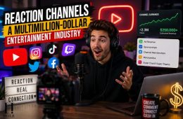 A content creator recording a reaction video in a modern studio, representing the rise of reaction channels as a digital entertainment business.
