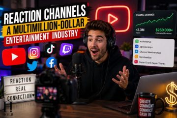 A content creator recording a reaction video in a modern studio, representing the rise of reaction channels as a digital entertainment business.