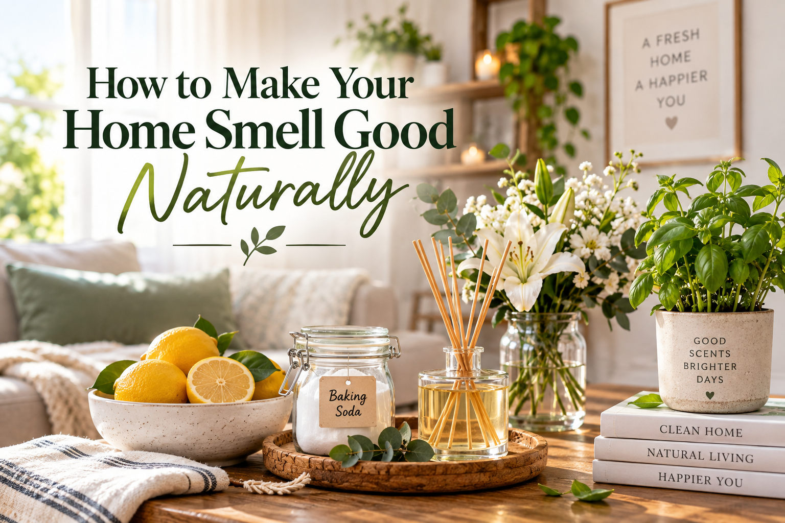Fresh and inviting home interior with flowers, herbs and natural home fragrance