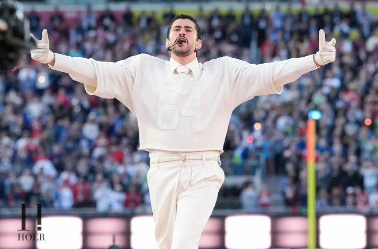 Bad Bunny performing during his Super Bowl LX halftime show