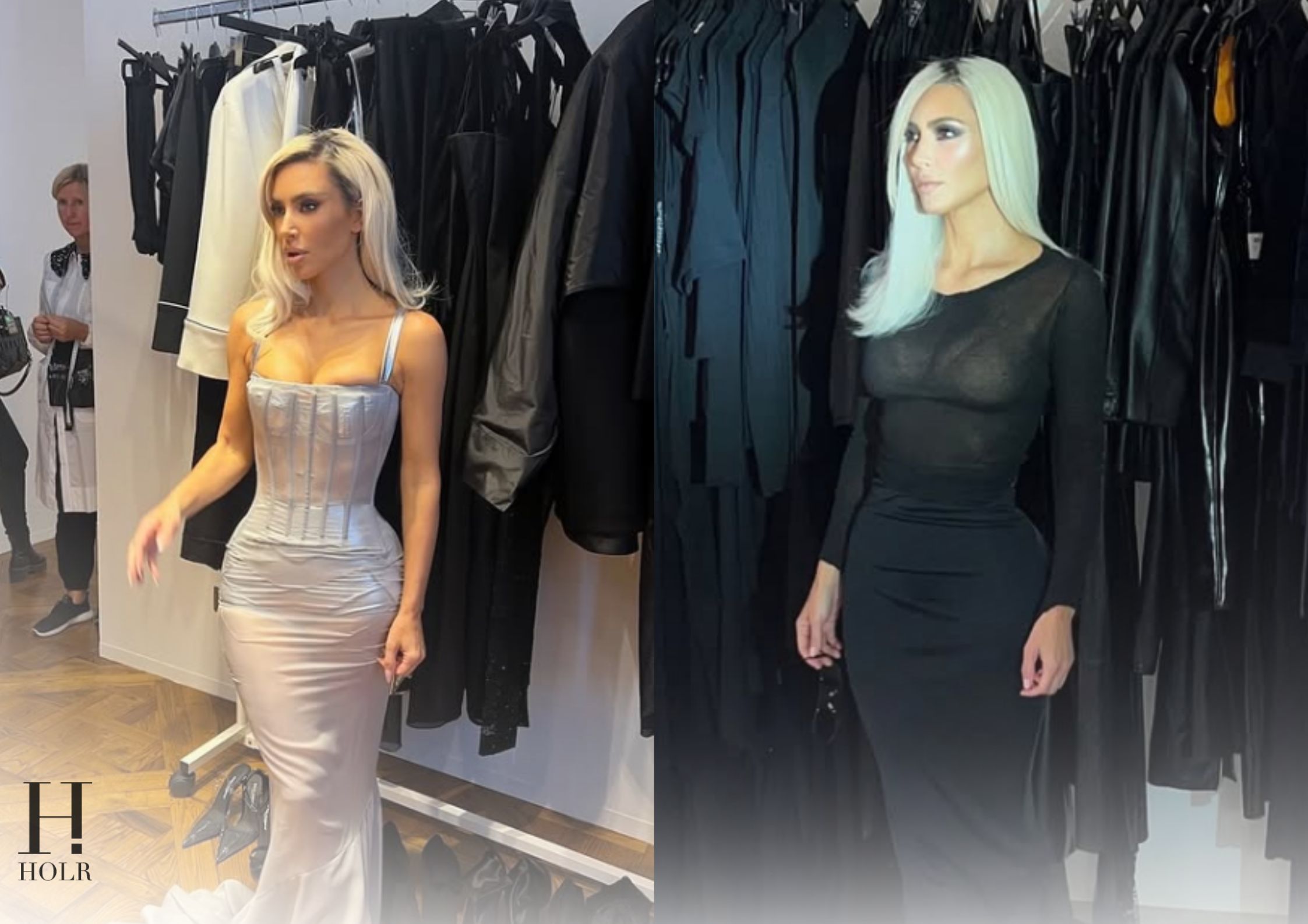 Kim Kardashian posing in a dramatic fashion look from her fitting archives