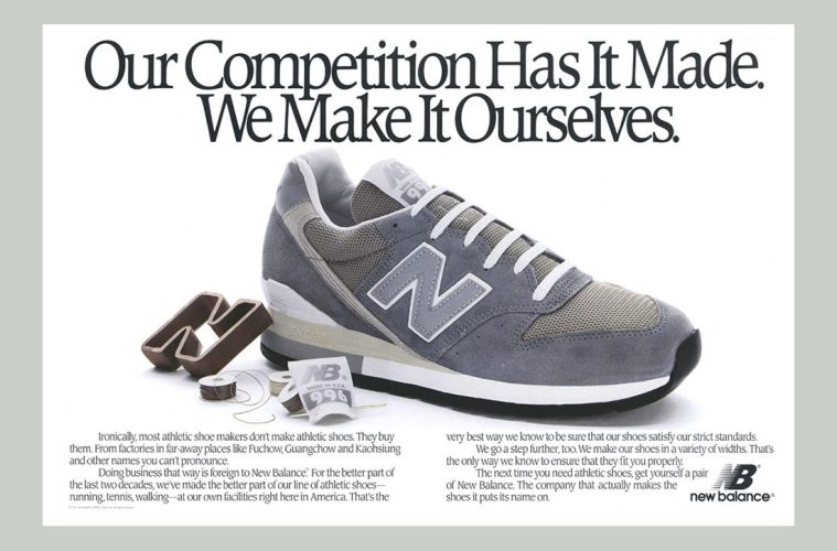 Vintage New Balance advertisement featuring a gray sneaker