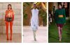 A model wears vibrant red tights with a coordinated fashion look, showcasing the colorful hosiery trend emerging for fall 2026.