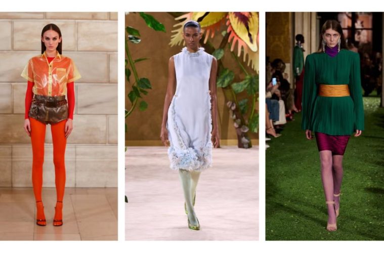 A model wears vibrant red tights with a coordinated fashion look, showcasing the colorful hosiery trend emerging for fall 2026.