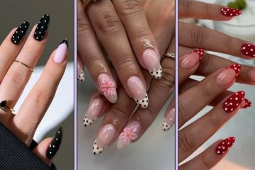 A close-up manicure showcases minimalist polka dot nail art with delicate dots arranged over glossy neutral and colorful bases.
