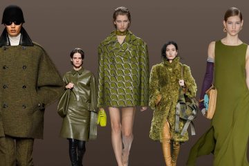 Fashion looks featuring olive outerwear, dresses, handbags, and shoes from the fall 2026 color trend.