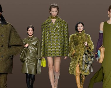 Fashion looks featuring olive outerwear, dresses, handbags, and shoes from the fall 2026 color trend.
