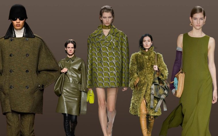 Fashion looks featuring olive outerwear, dresses, handbags, and shoes from the fall 2026 color trend.