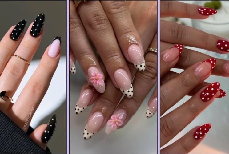 A close-up manicure showcases minimalist polka dot nail art with delicate dots arranged over glossy neutral and colorful bases.