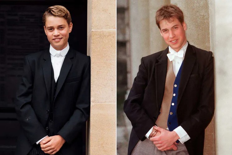 Prince George poses in Eton College’s traditional black tailcoat uniform in the same historic school locations where Prince William was photographed as a student.