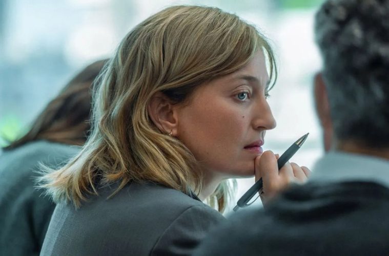 Alba Rohrwacher appears as HR manager Carla in a tense office scene from Stéphane Brizé’s French drama A Good Little Soldier.