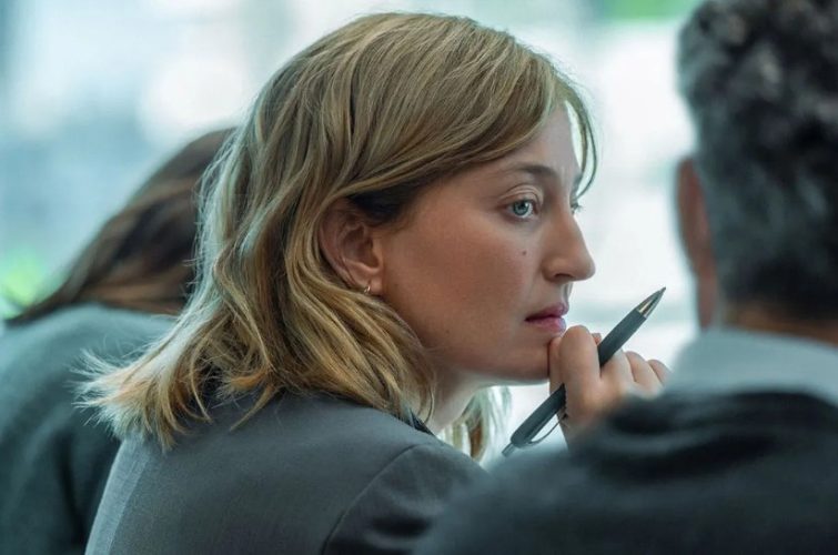 Alba Rohrwacher appears as HR manager Carla in a tense office scene from Stéphane Brizé’s French drama A Good Little Soldier.