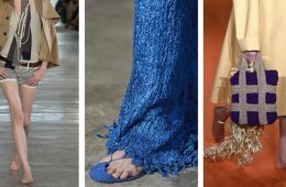 A Spring/Summer 2027 runway model walks barefoot in a polished fashion look during New York Fashion Week.